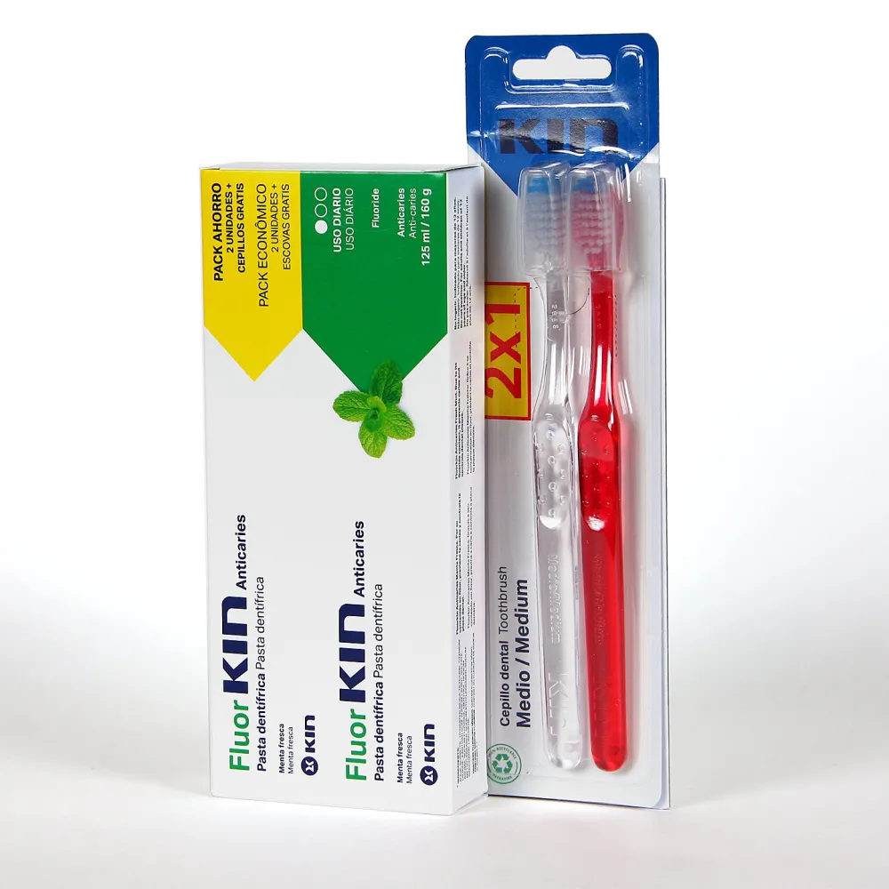 FluorKin Duplo Pasta Anticaries Menta 2x125 ml + Duplo Cepillo Dental Medio REGALO | Bonsanté