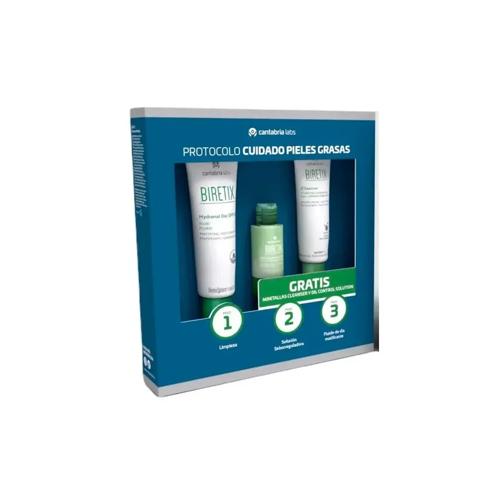 Biretix PACK Hydramat Day Fluido Spf30 50ml + Cleanser 75 ml + Oil Control Solution 30 ml Regalo | Bonsanté